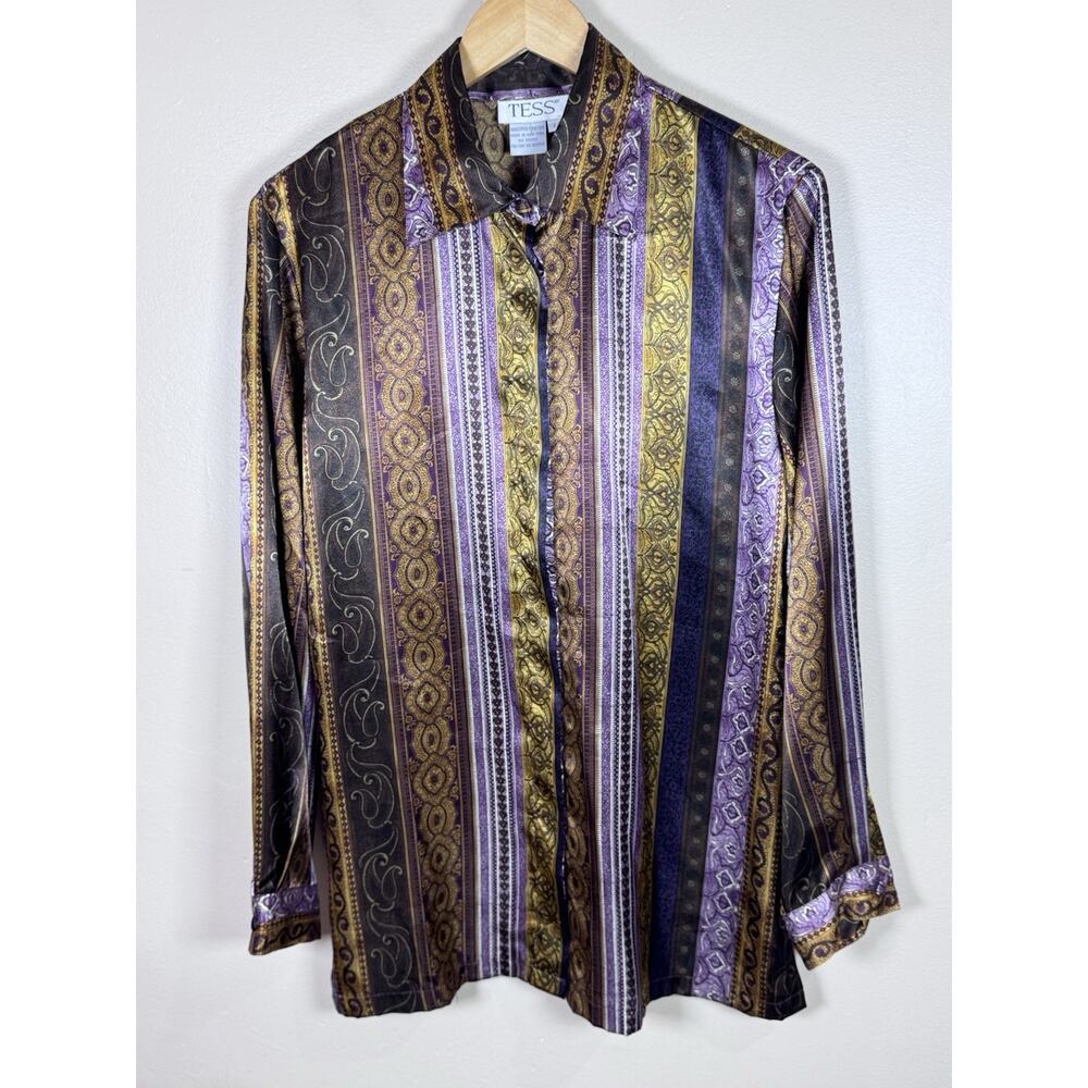 VTG Tess Womens Button Up Shirt Boho Paisley Mixed Print 70s Satin Size L